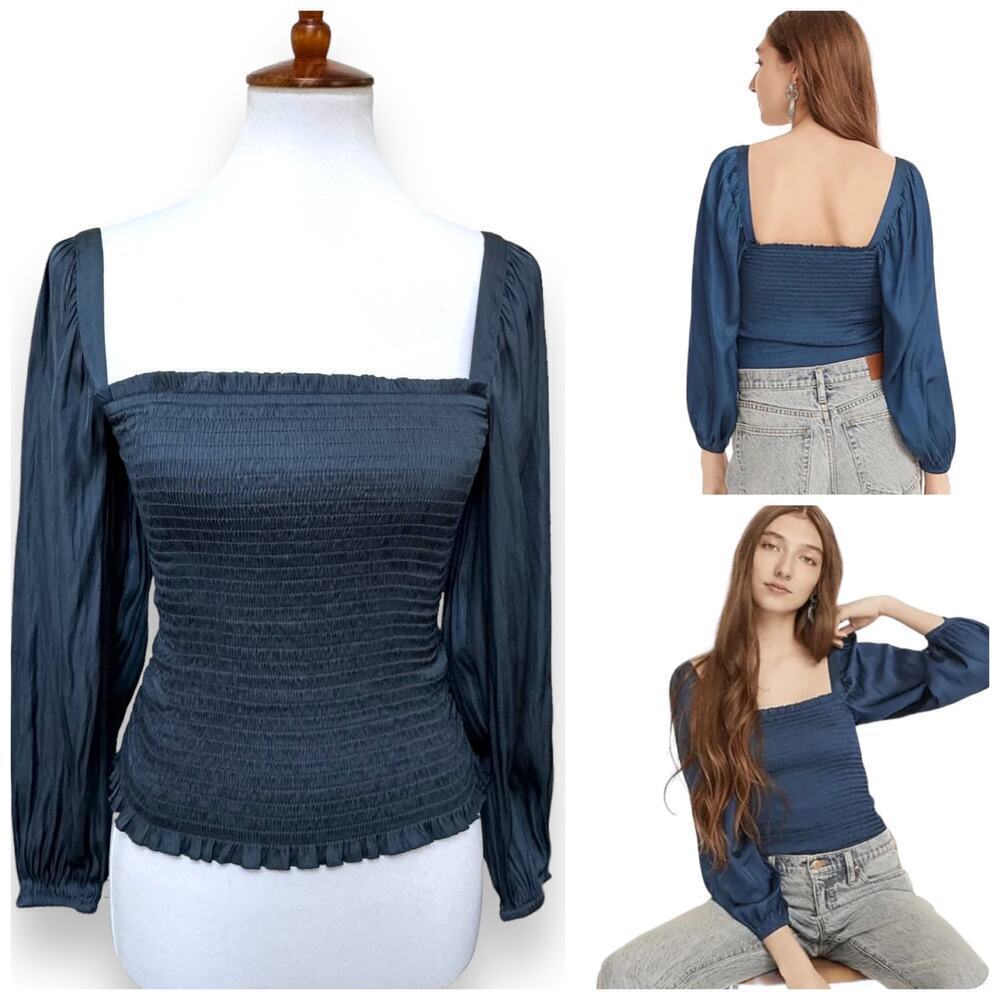 🍀J. Crew Midnight Blue Satin Smocked Balloon Sleeve Square Neck Blouse Size XS